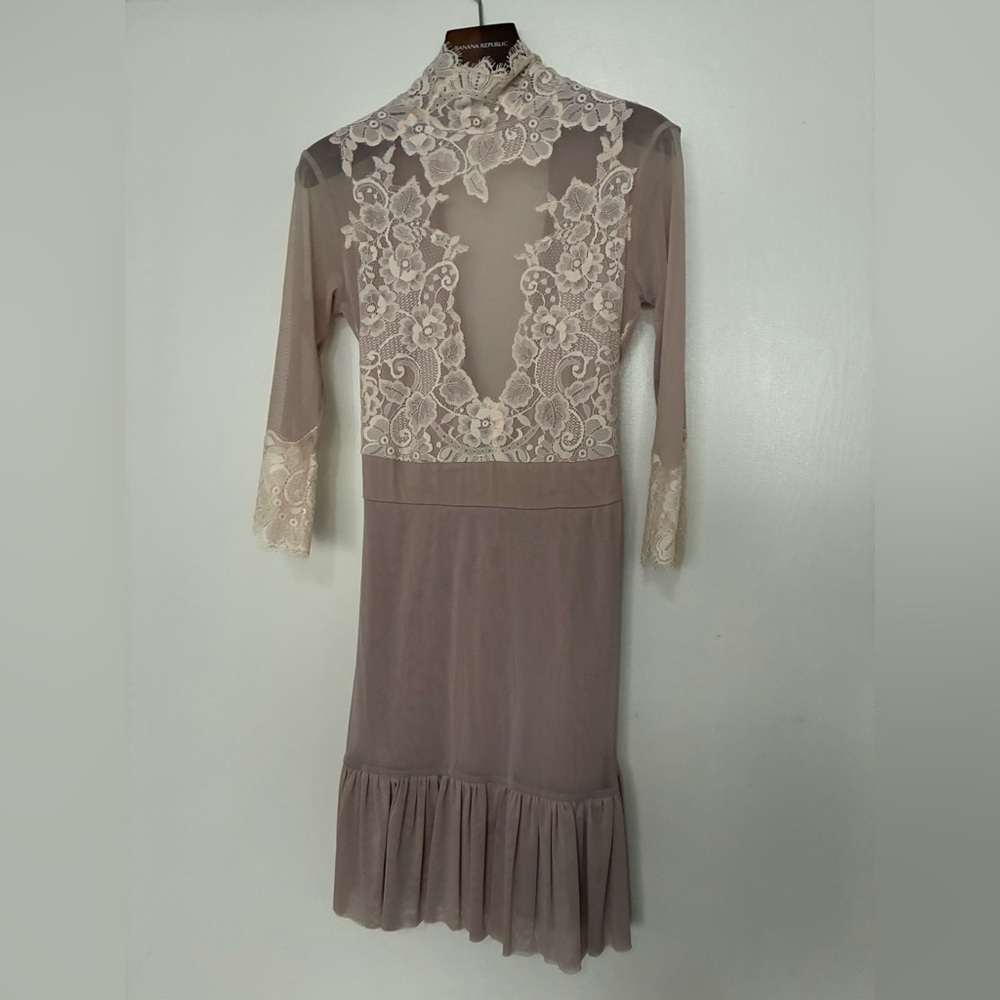 Mauve Long Sleeve Lace-Panel Midi Dress